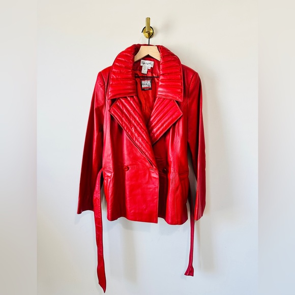 Vintage Red Genuine Leather Quilted Lapel Double Breasted Belted Waist Jacket 10 - Picture 5 of 11